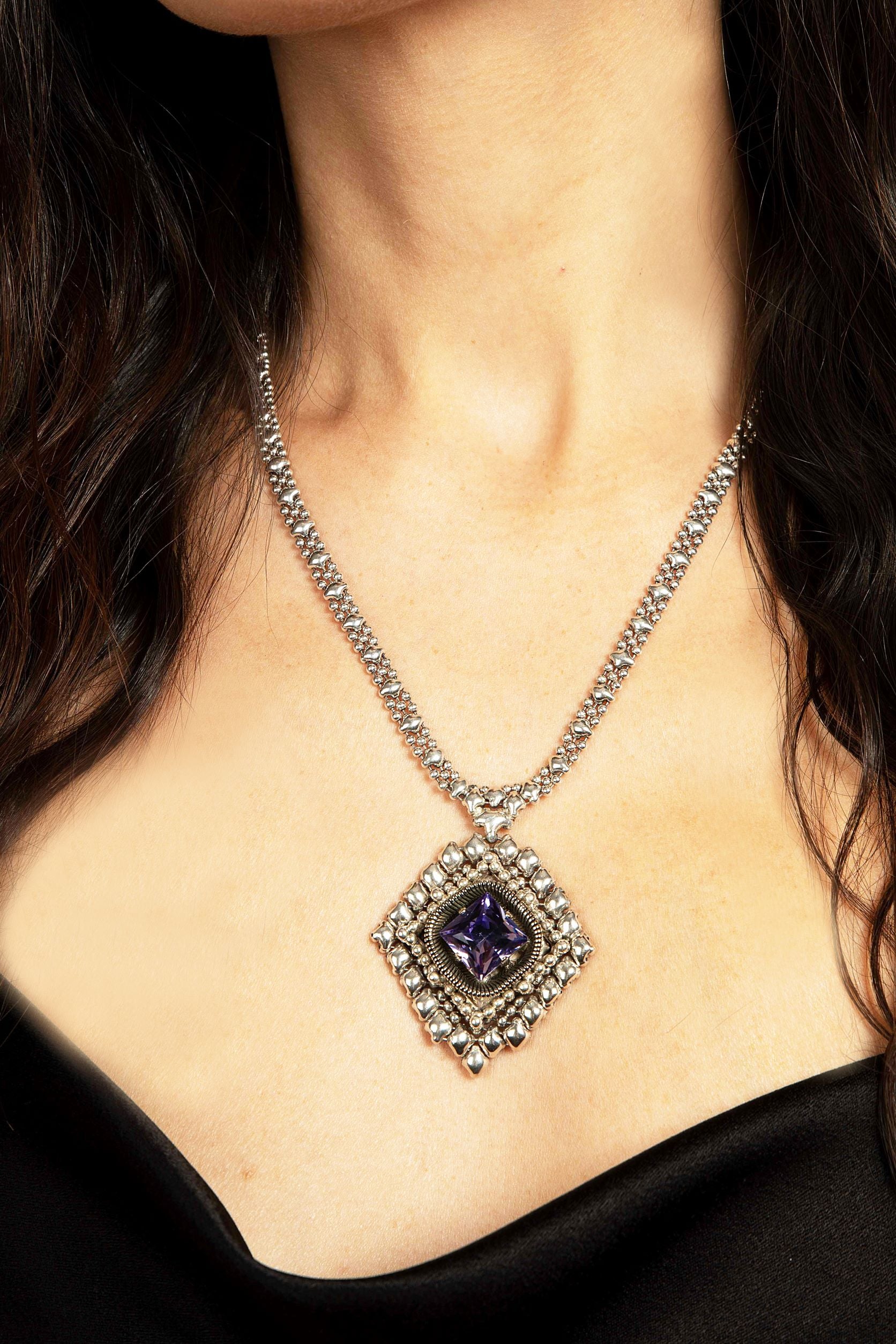 SG Liquid Metal ATN1B-AS Antique Silver Finish Necklace with Swarovski Crystal by Sergio Gutierrez