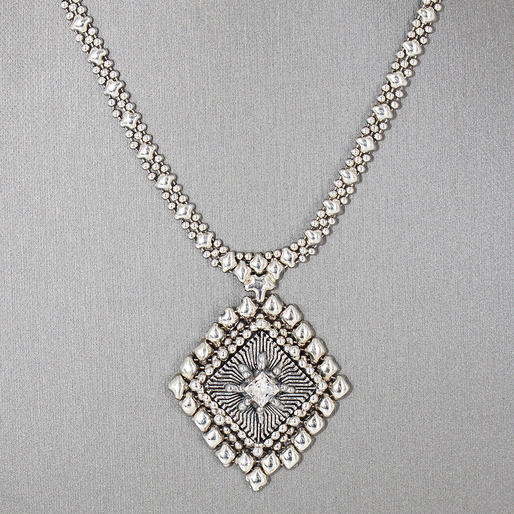 SG Liquid Metal ATN1A-AS Antique Silver Finish Microchip Necklace with Swarovski Crystal by Sergio Gutierrez